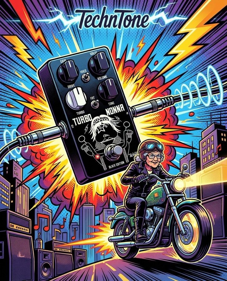 Comic-style TechnTone Turbo Nonna ad with Nonna on a motorcycle